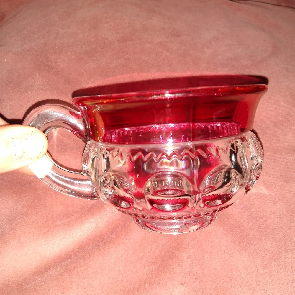 4 Cups Heavy Vintage Kings Crown Ruby Red Flash Thumbprint Coffee Cup Set Tiffin